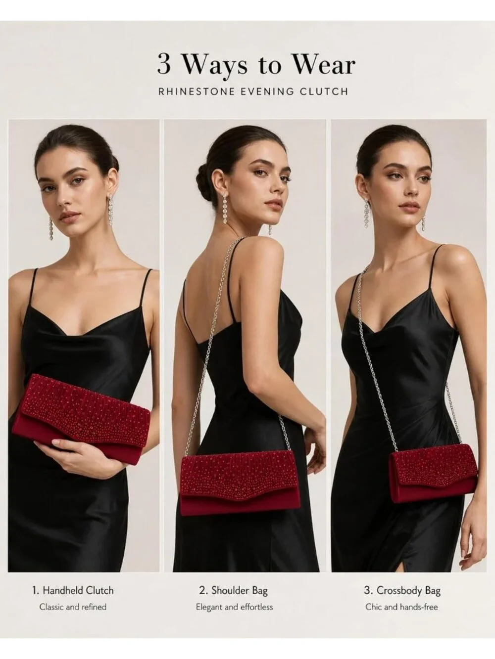 👜 Women's Red Dent-Proof Pleated Rhinestone Formal Evening Bag with Chain